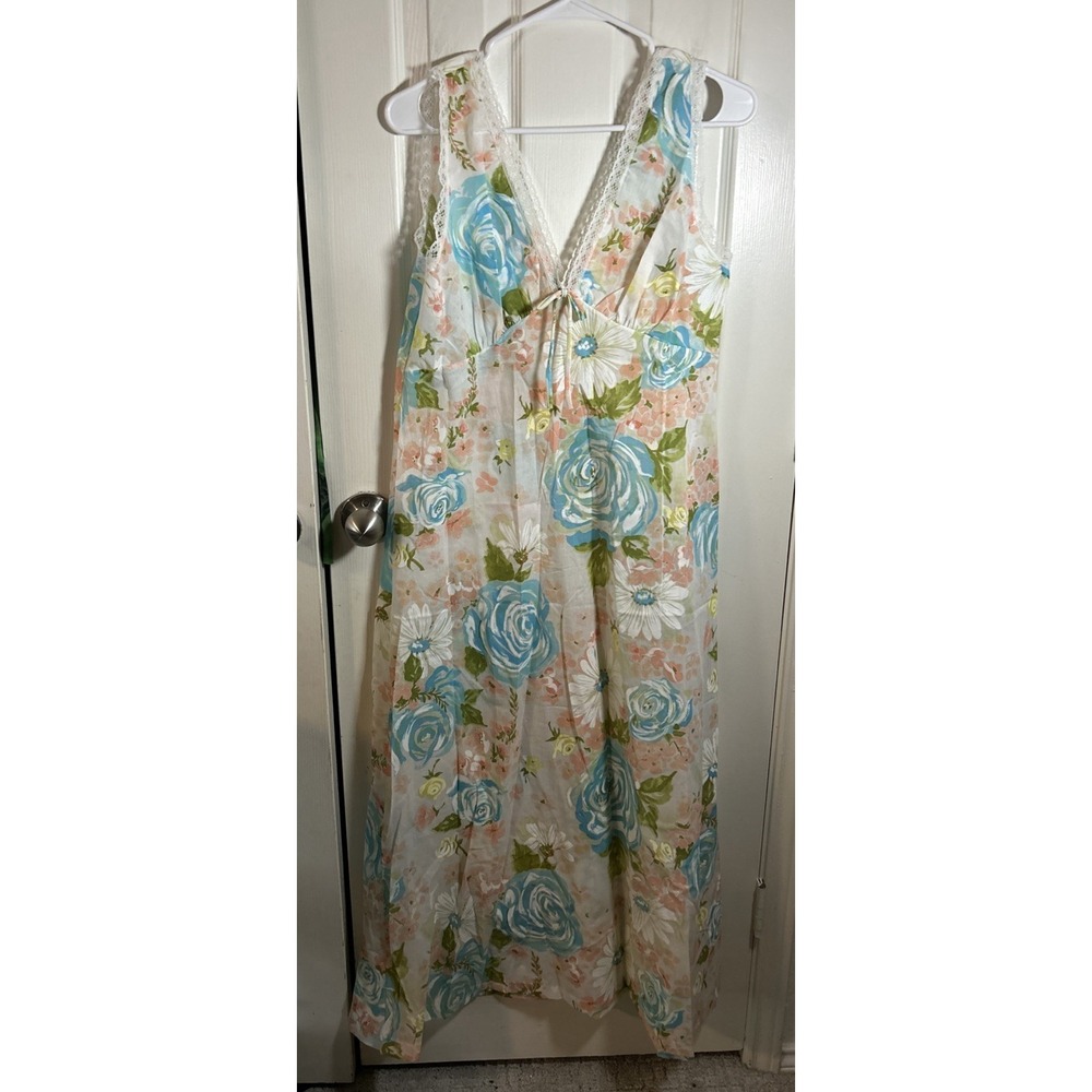 Vtg Stern Maid Nightgown Women's Large Floral Pastel Lingerie Lace Trim